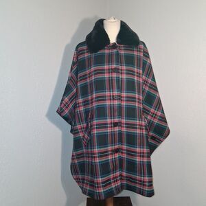 Jones New York Plaid Women's Cape Coat with Faux Fur Collar Size S/M